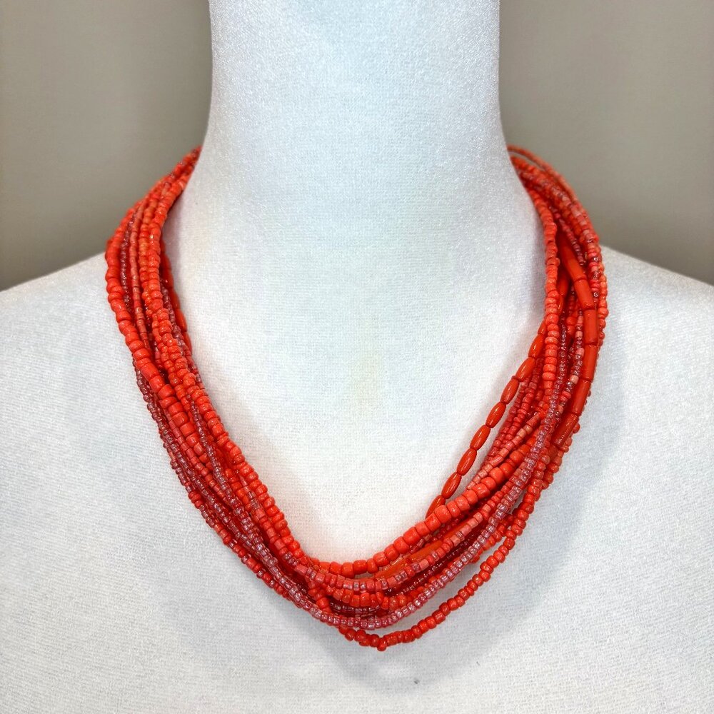 Vibrant Coral Color Statement Necklace 16 Layers of trendy beads & crystals